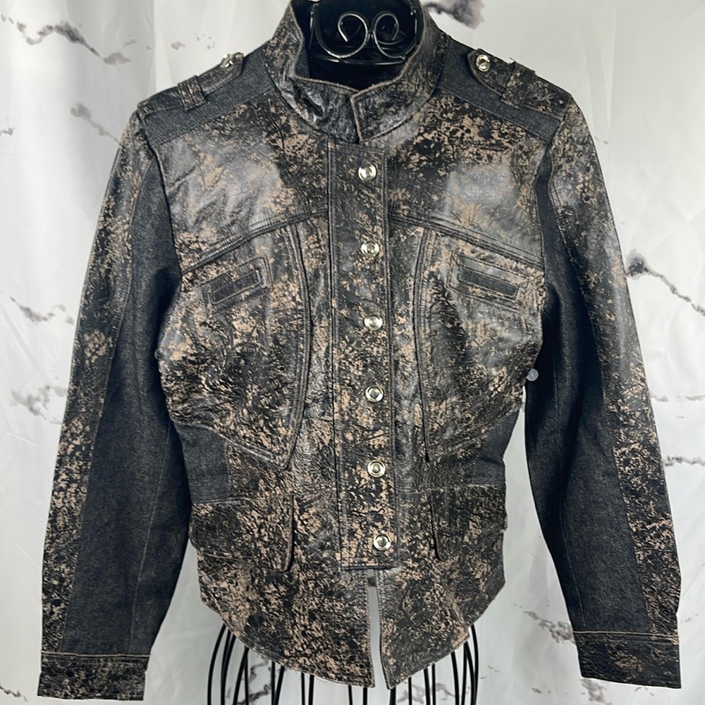 H&D Denim & Leather Moto Jacket Snap Front High Collar Acid Wash Black Leather